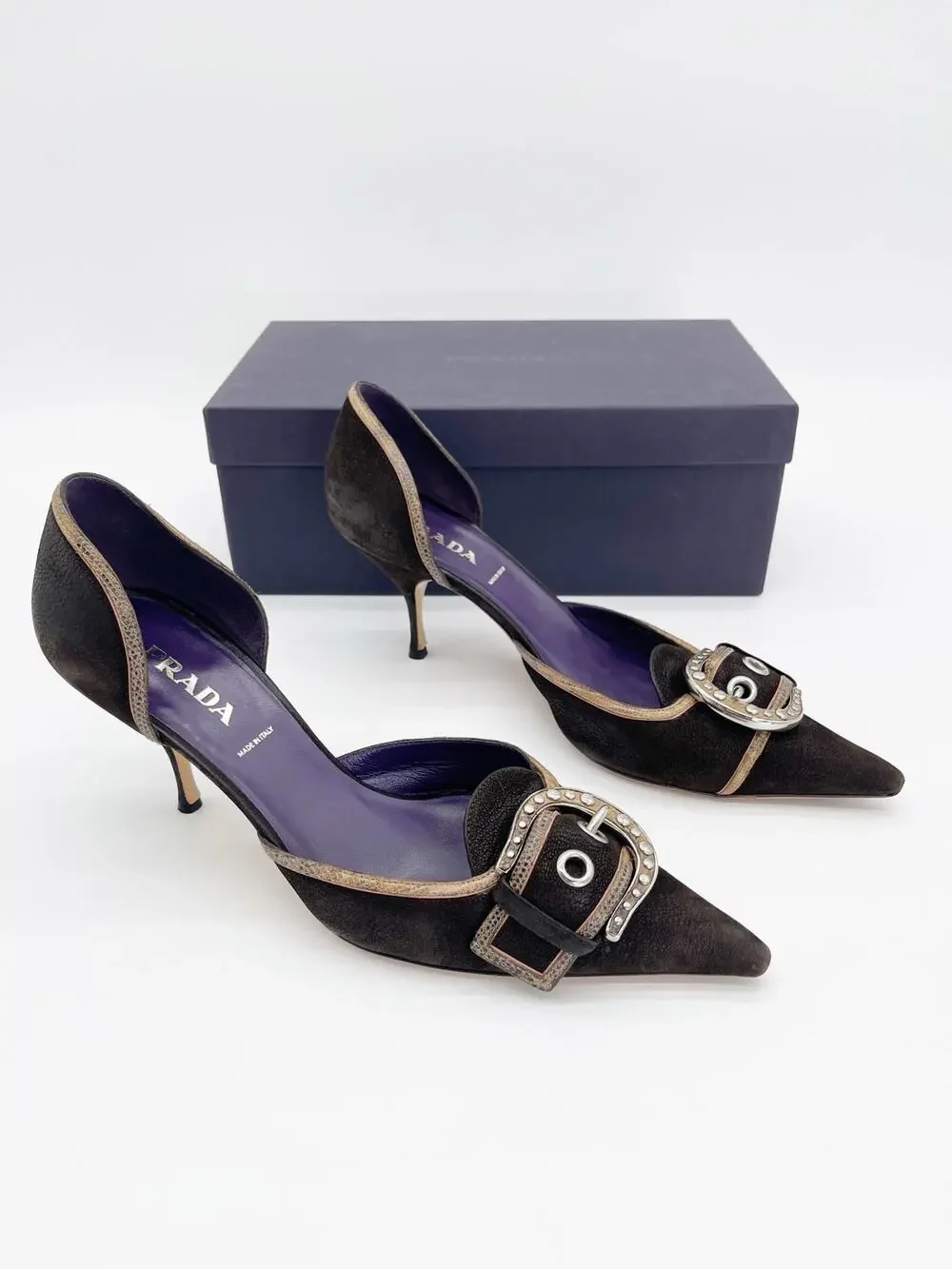 Prada Vintage Dark Brown Camel Nubuck Leather Buckle D'Orsay Pumps Heels IT 39.5